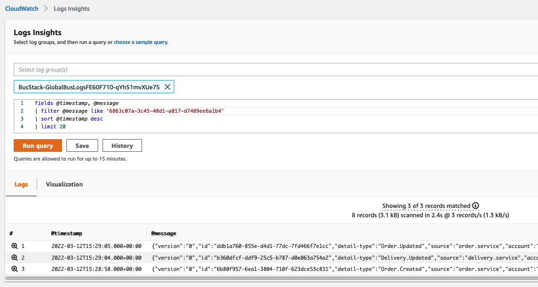 CloudWatch Logs Insights showing the three events in the global bus log