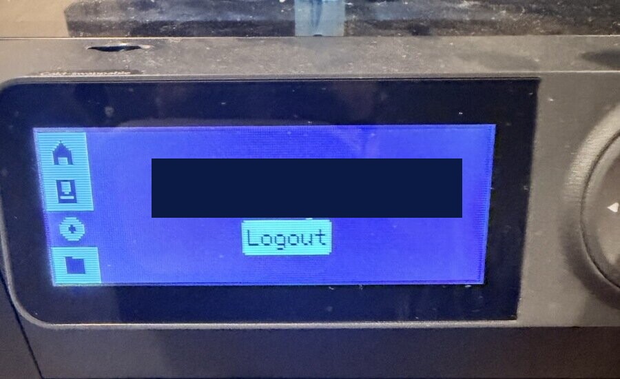 P1S cloud account screen showing logged-in user with Logout button
