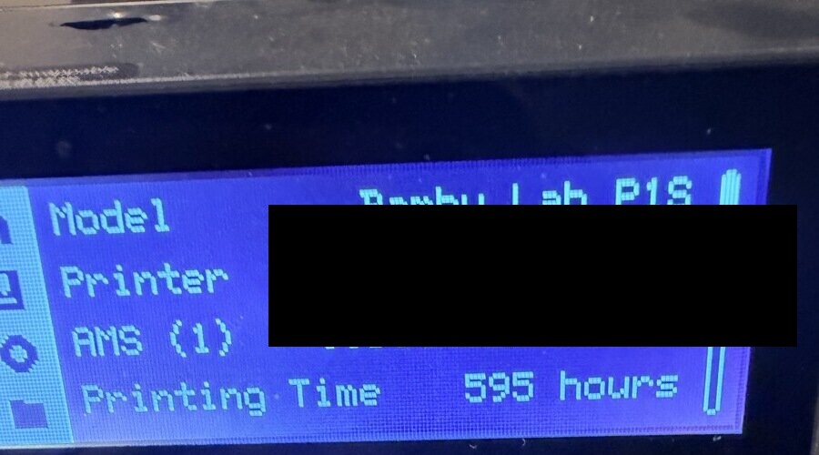 P1S device info screen showing model name, serial number, AMS serial, and printing time