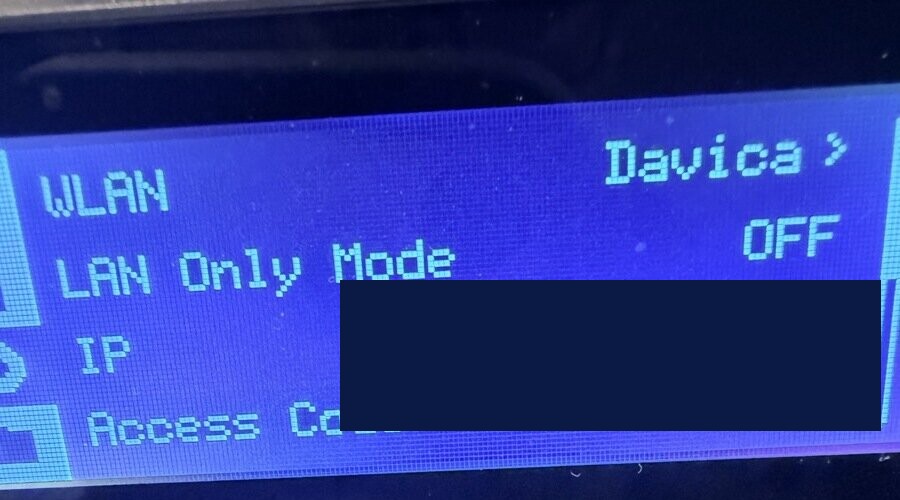 P1S network settings screen showing WLAN, LAN Only Mode, IP address, and Access Code