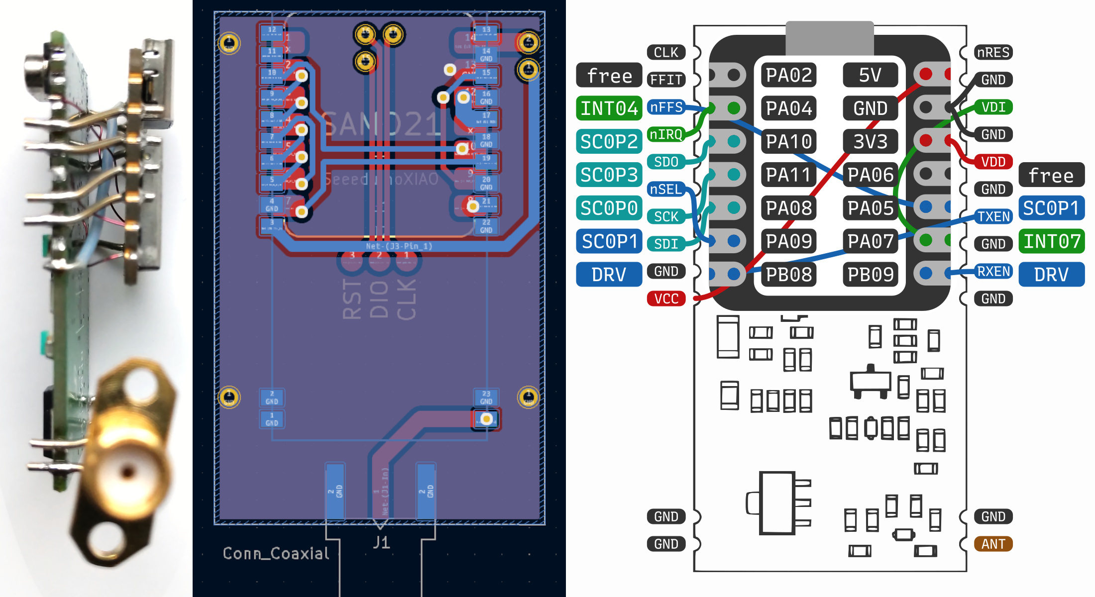 Three views: One of two modules connected by flying wires, one of the PCB layout, and the labeled wiring plan