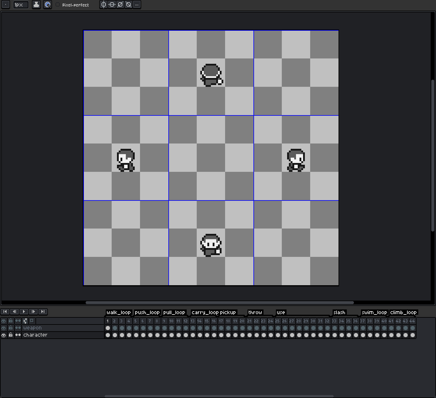 The example character in Aseprite, drawn as a 3x3 grid of facing directions