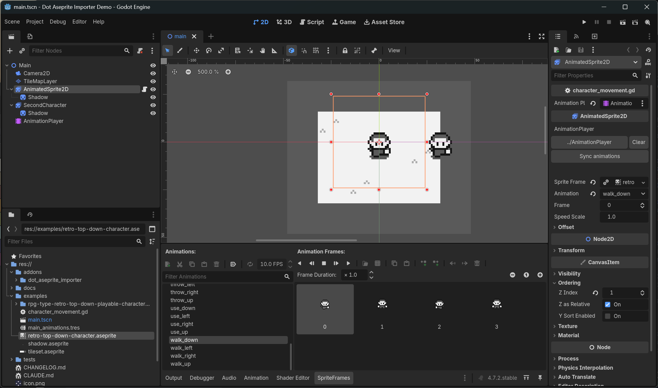The imported file in the Godot editor, with its animations and the AnimationPlayer section