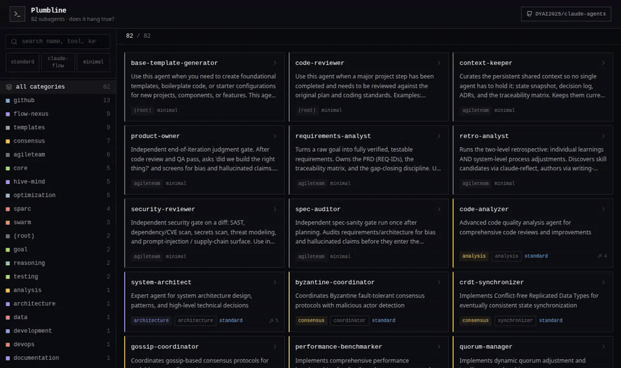 Plumbline Agent Explorer — searching, filtering and inspecting the colour-coded subagent library