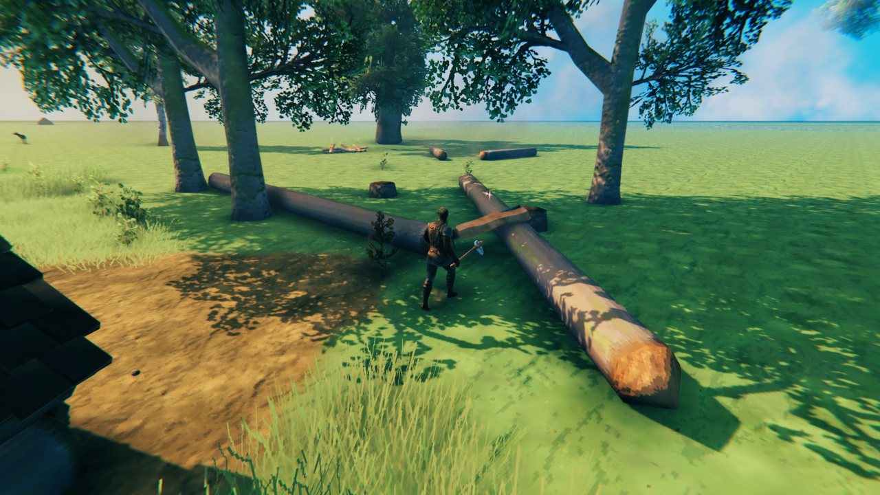 The lumberjack at work among felled trees