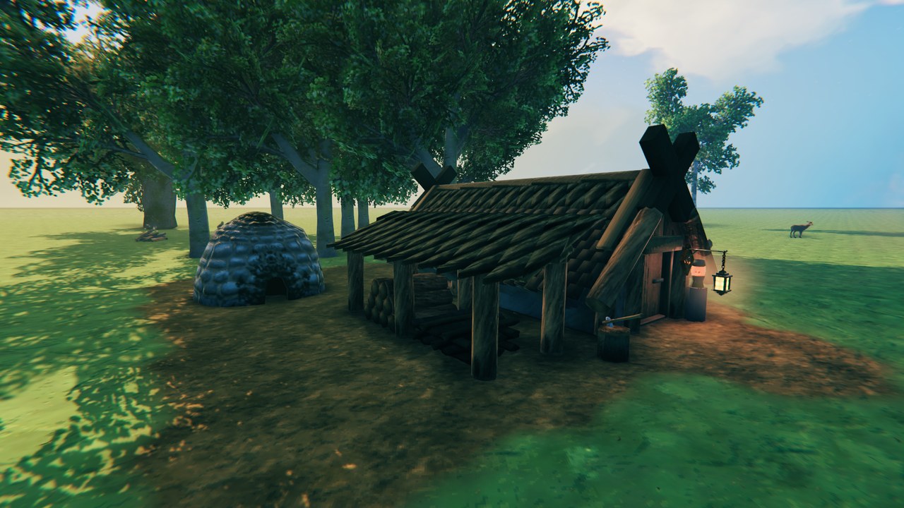 The Lumberjack's Hut in the evening light: every hut is a Viking building made for its trade