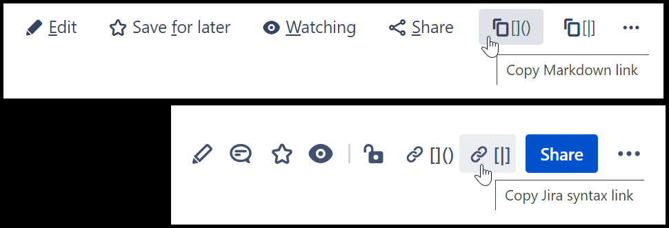Screenshots of "Confluence: copy link buttons" in action on Confluence Server and Confluence Cloud
