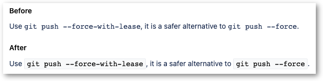 Screenshot comparing sample text with and without user style "Jira: improve formatting of inline code"