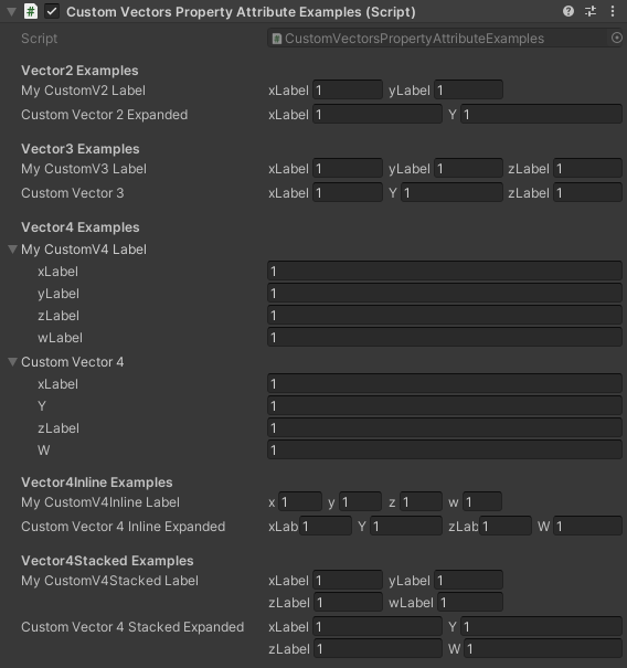 Custom Vectors Property Attributes Examples