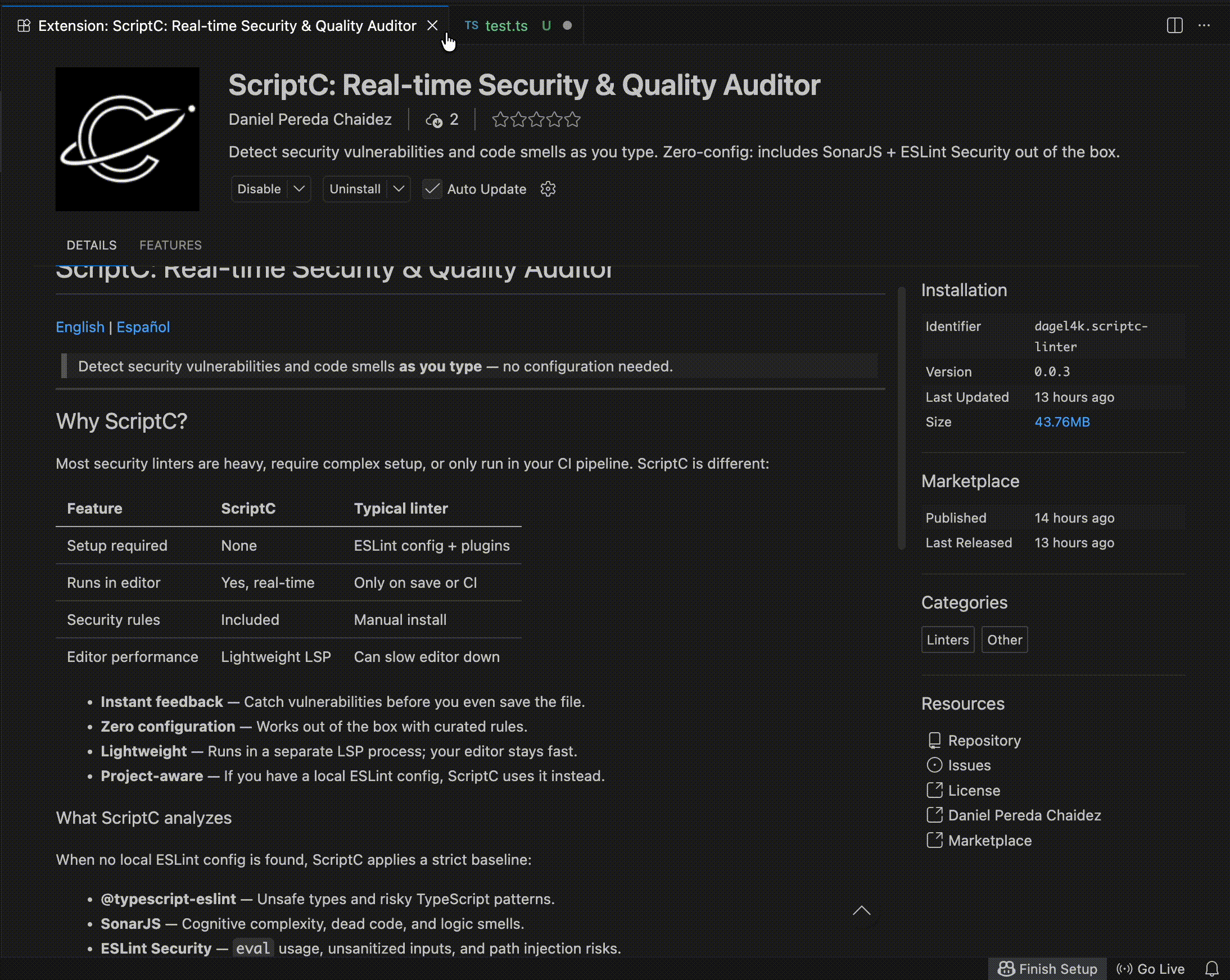 ScriptC detecting a vulnerability