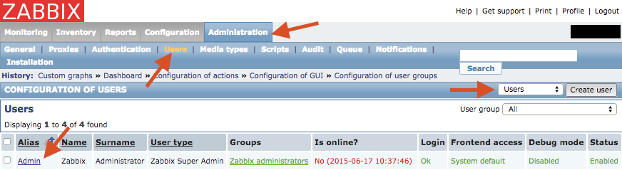 zabbix users config