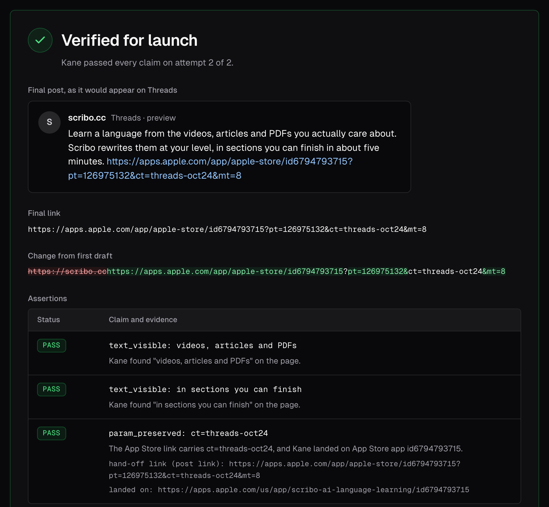 Omni Verify's Verified for launch card. Kane passed every claim on attempt 2, and the post link now carries ct=threads-oct24 instead of the website's tag.