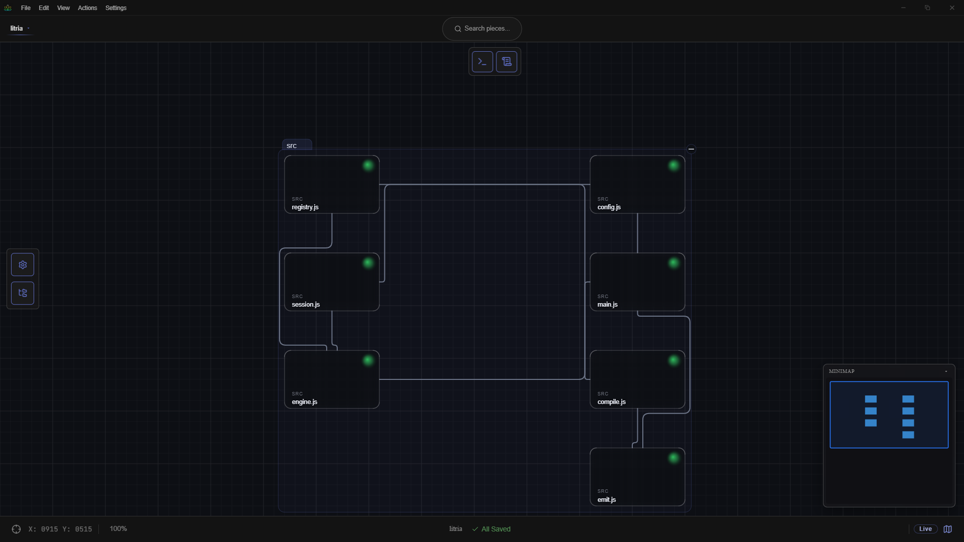 The Litria canvas: source files as nodes, a folder group, and import wires routed between them
