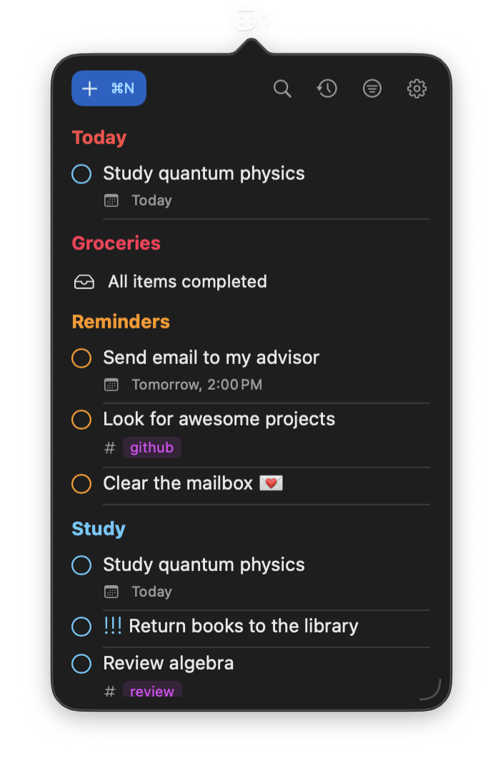 Reminders MenuBar in dark mode