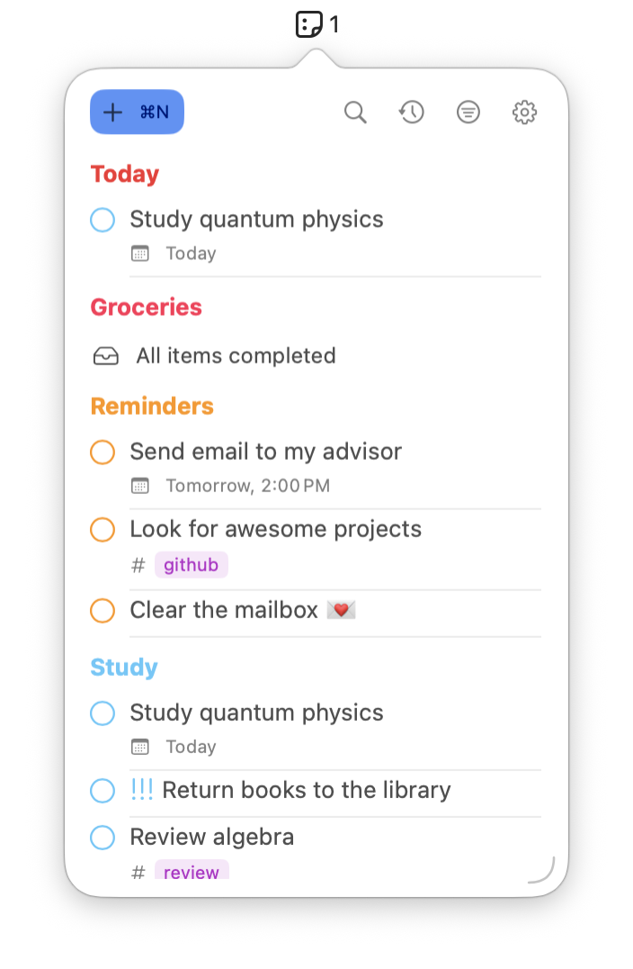 Reminders MenuBar in light mode