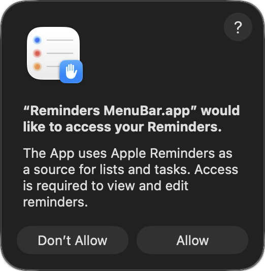 macOS window asking permission for Reminders MenuBar to access reminders