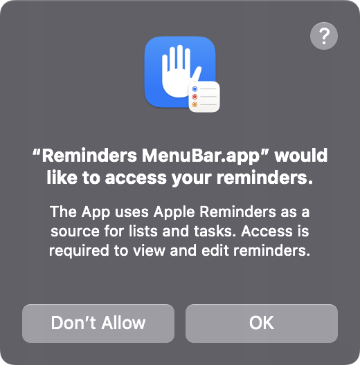 macOS window asking permission for Reminders MenuBar to access reminders
