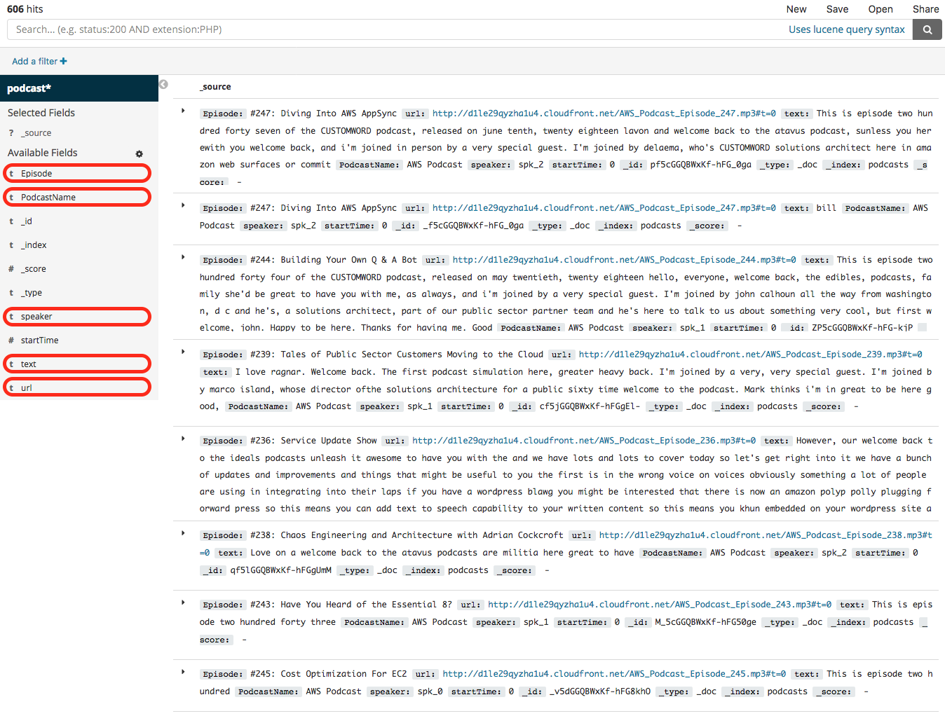 kibana set up paragraph index columns