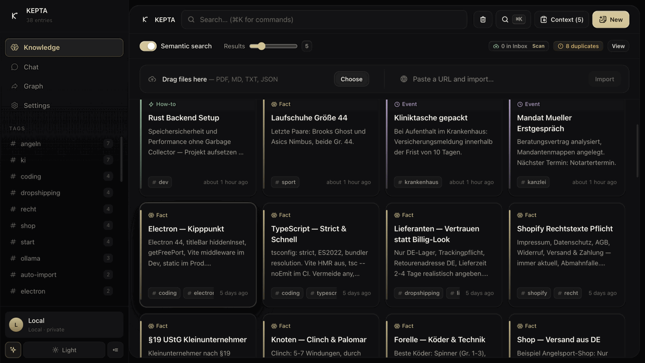 A tour of KEPTA: searching, opening a note in the editor, creating one, moving it to the trash and restoring it, the knowledge graph with its time slider, the chat cockpit, the MCP settings, the command palette and the light/dark switch