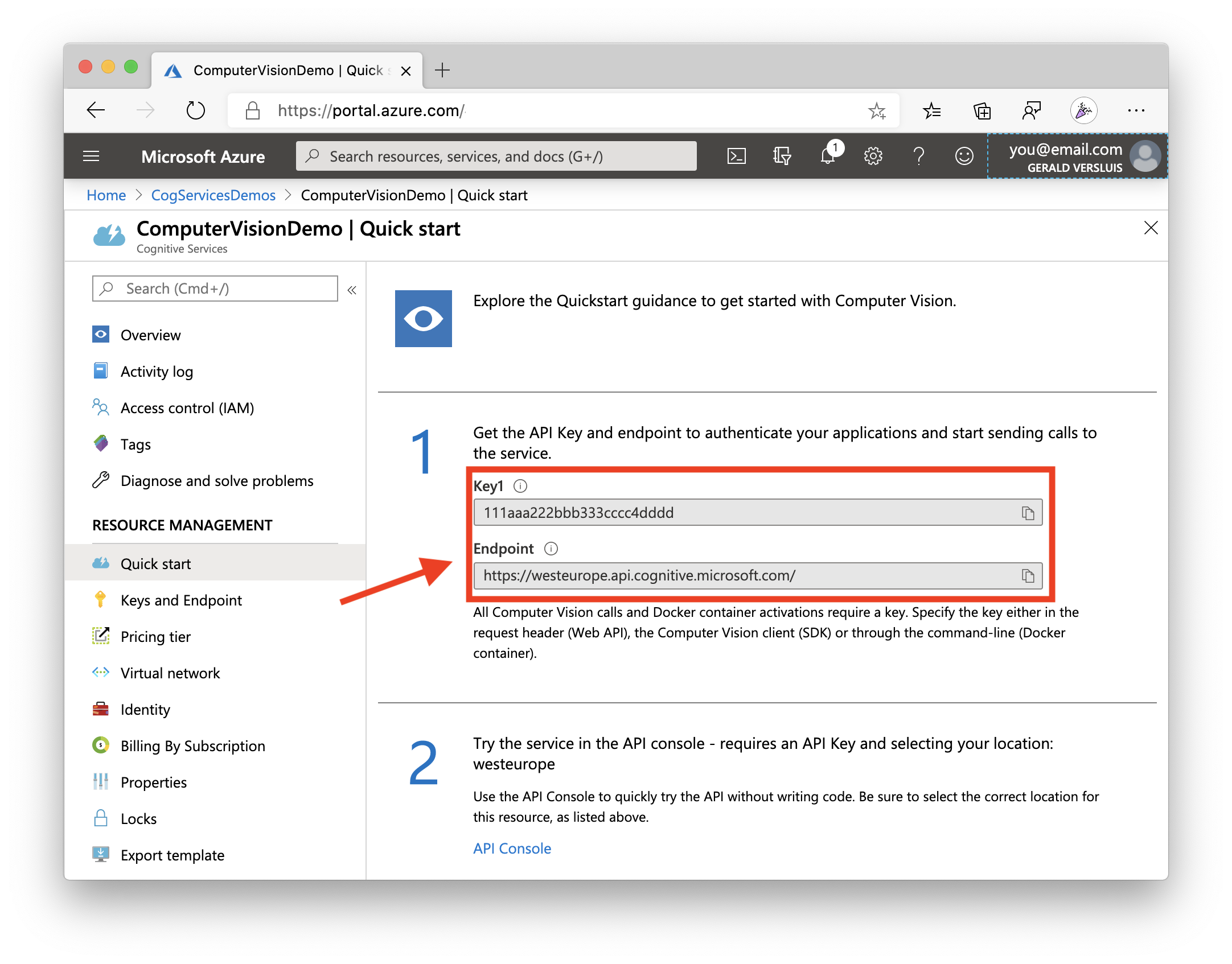 The newly created Computer Vision service overview in the Azure Portal screenshot