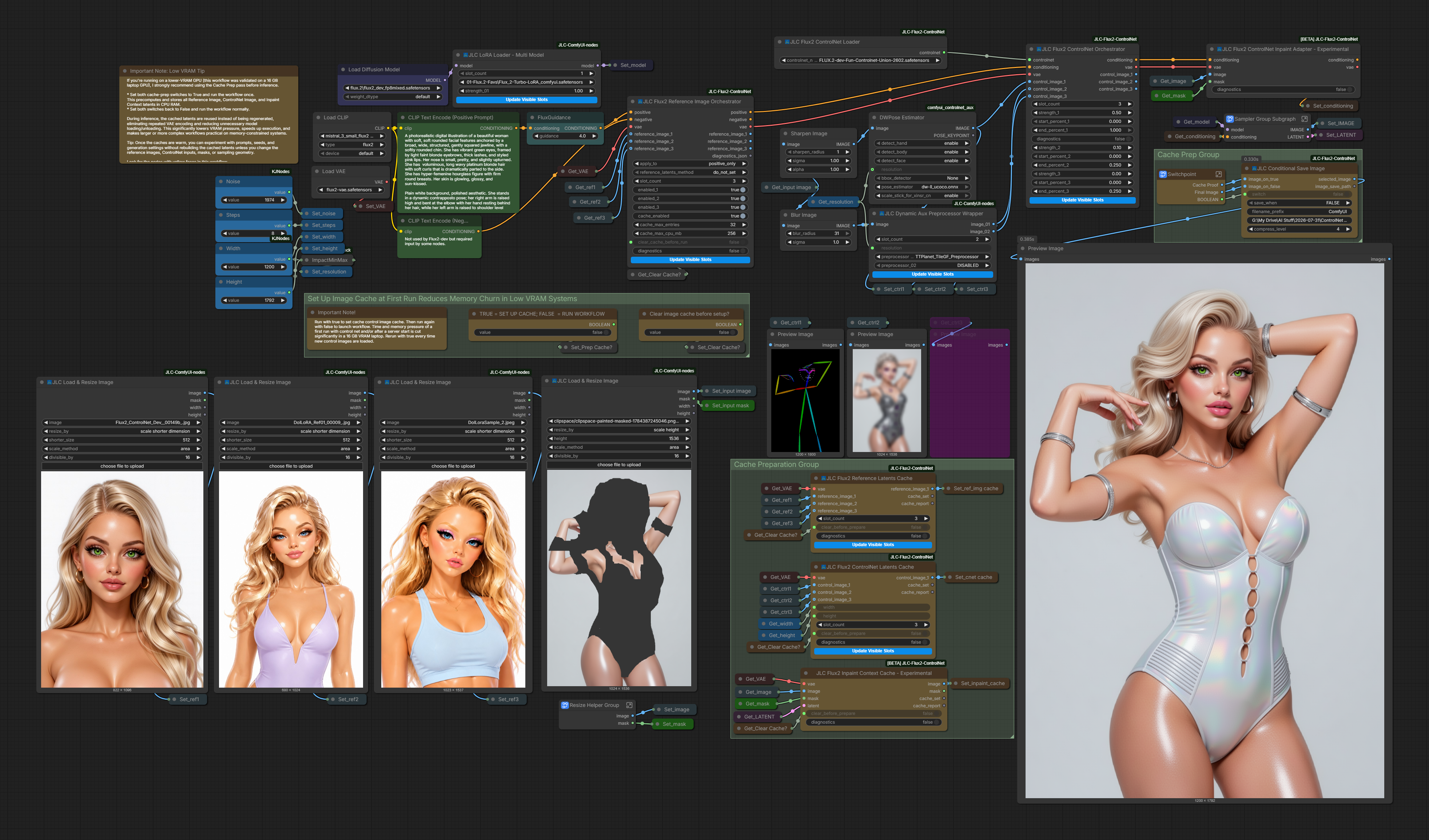 JLC Flux2 ControlNet reference-image, multi-ControlNet, inpainting, and cache workflow