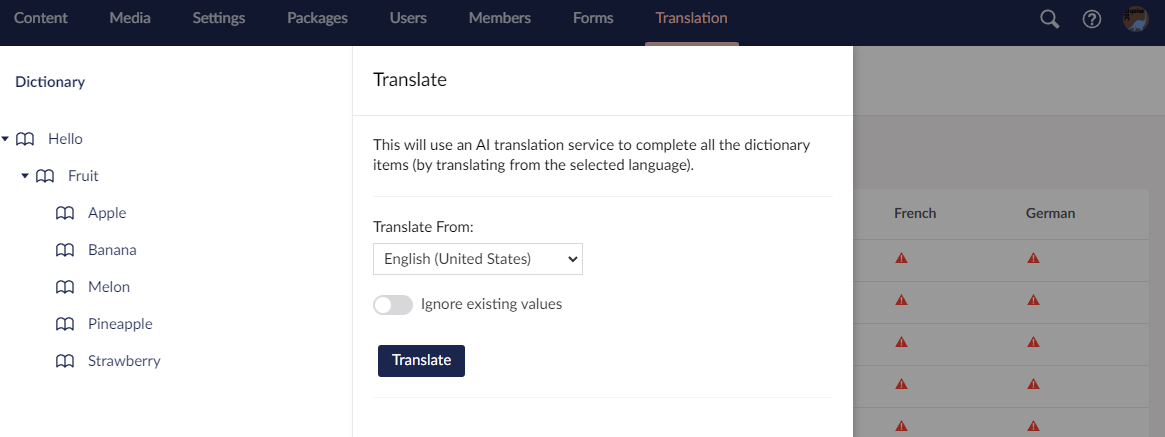Umbraco screenshot of Translator menu