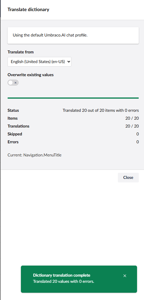 Dictionary overview after translation