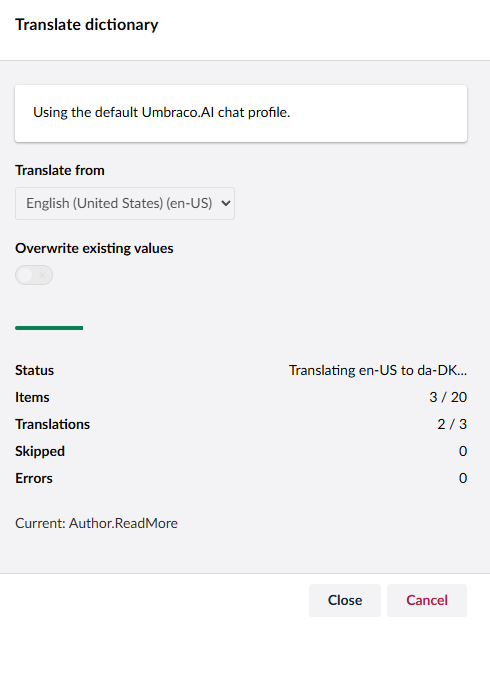 Translation progress modal