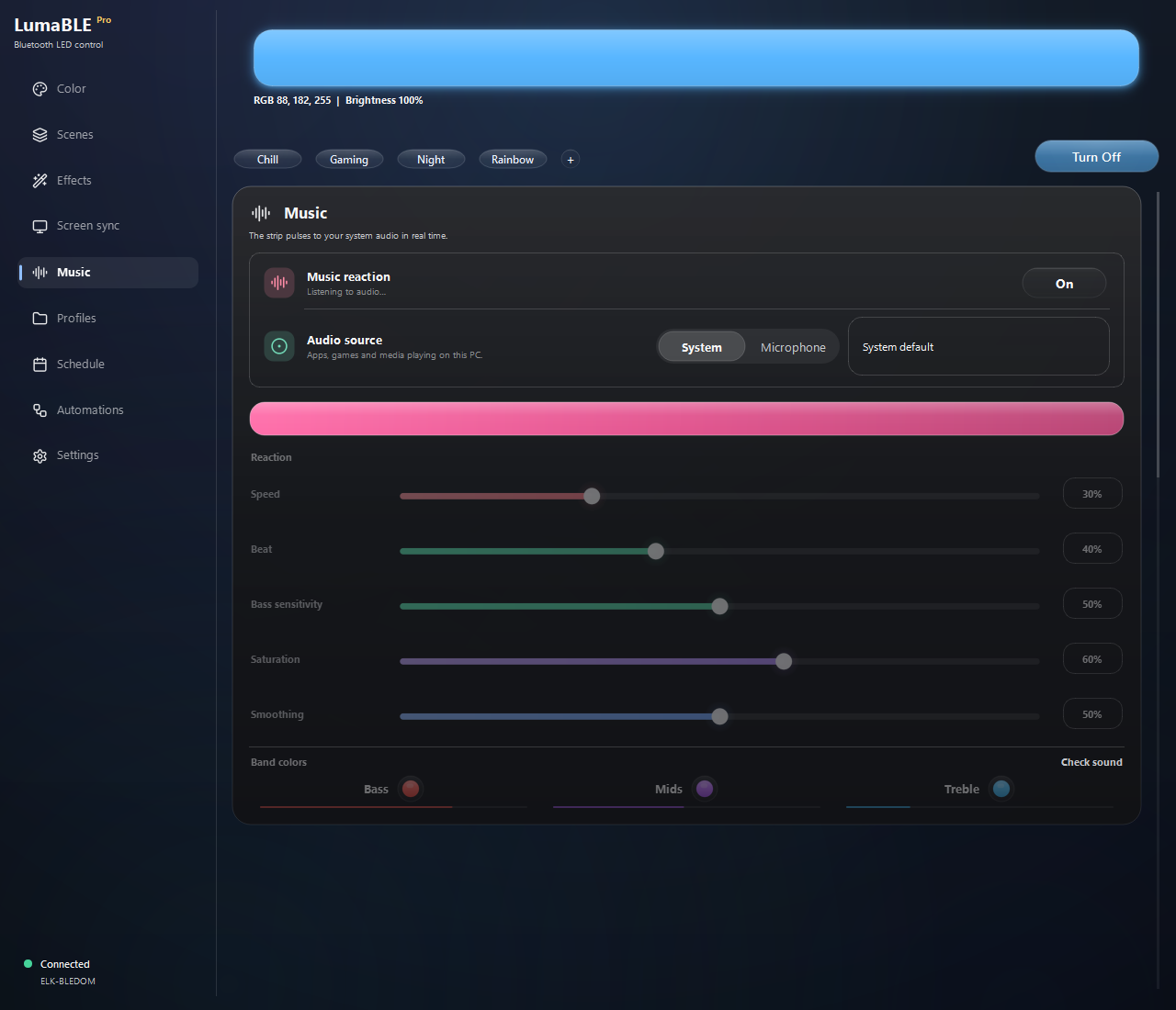 Music reaction and frequency meters in LumaBLE 0.4.4