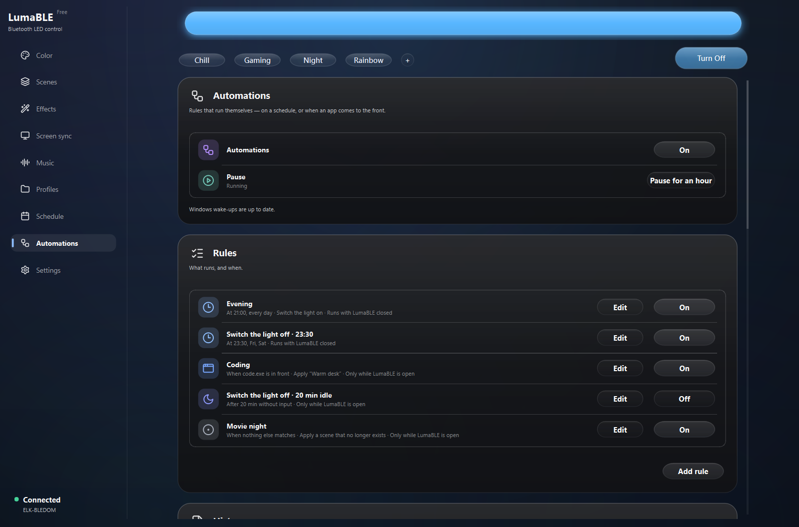 LumaBLE 0.3.6 Automations screen