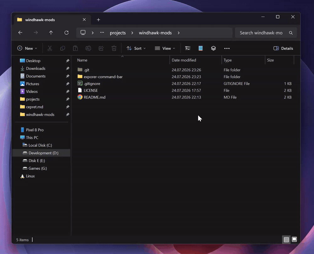 Real Explorer Command Bar animated demonstration