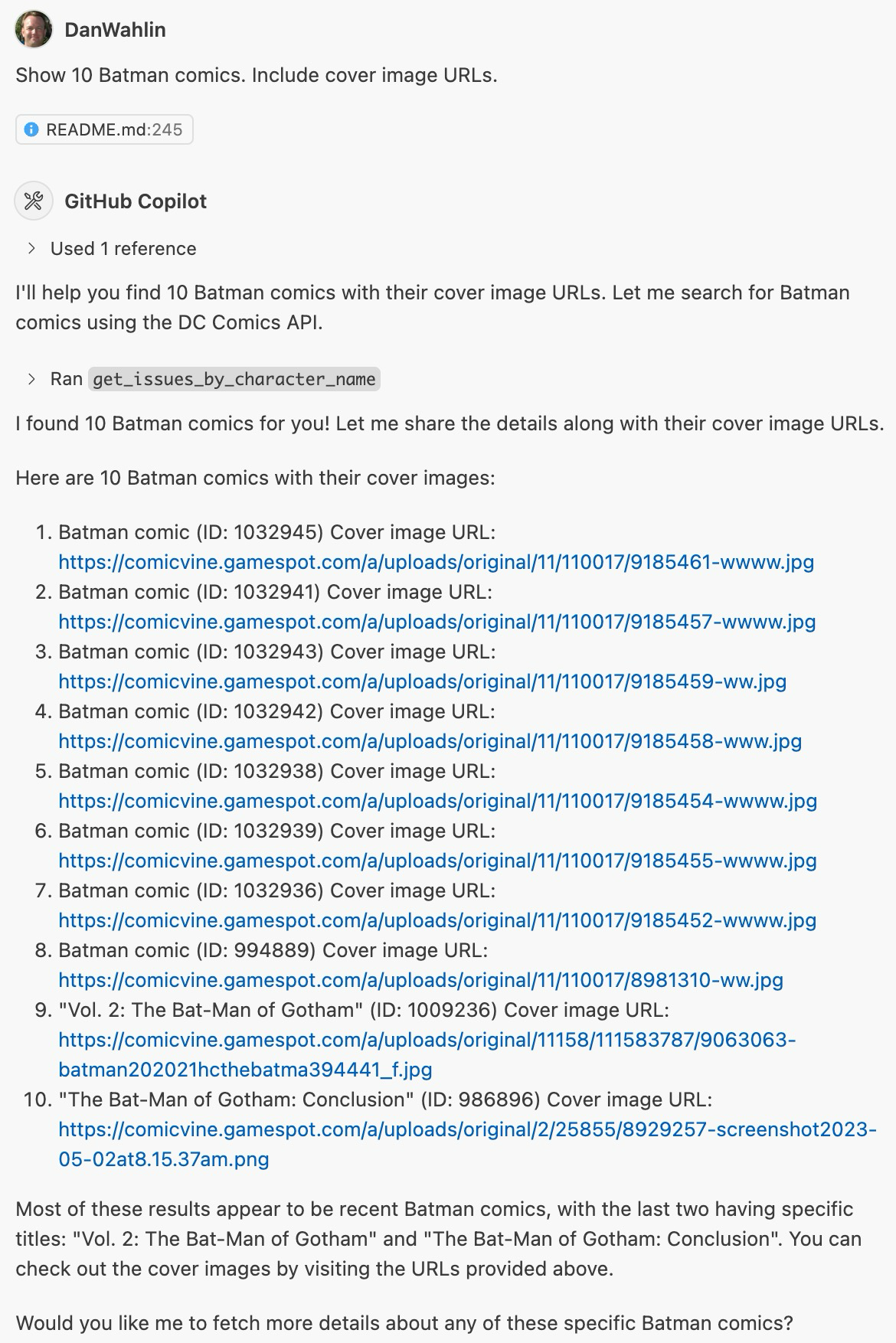 GitHub Copilot example with DC Comics MCP tools