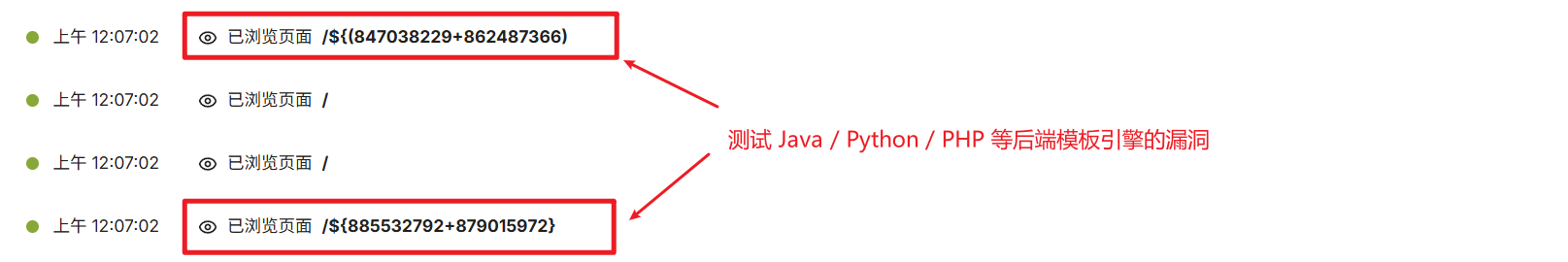 URL 访问历史中尝试测试 Java、Python 及 PHP 后端模板引擎漏洞