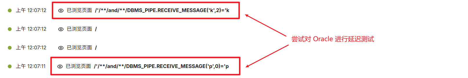 URL 访问历史中对 Oracle 数据库进行延迟测试的注入尝试