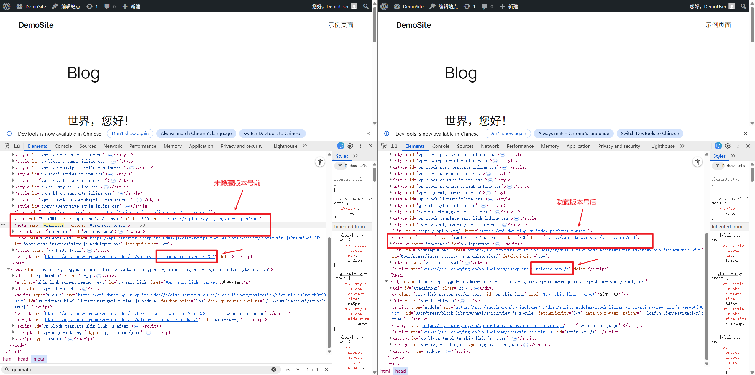 WordPress 隐藏前端页面版本号信息的实际对比效果