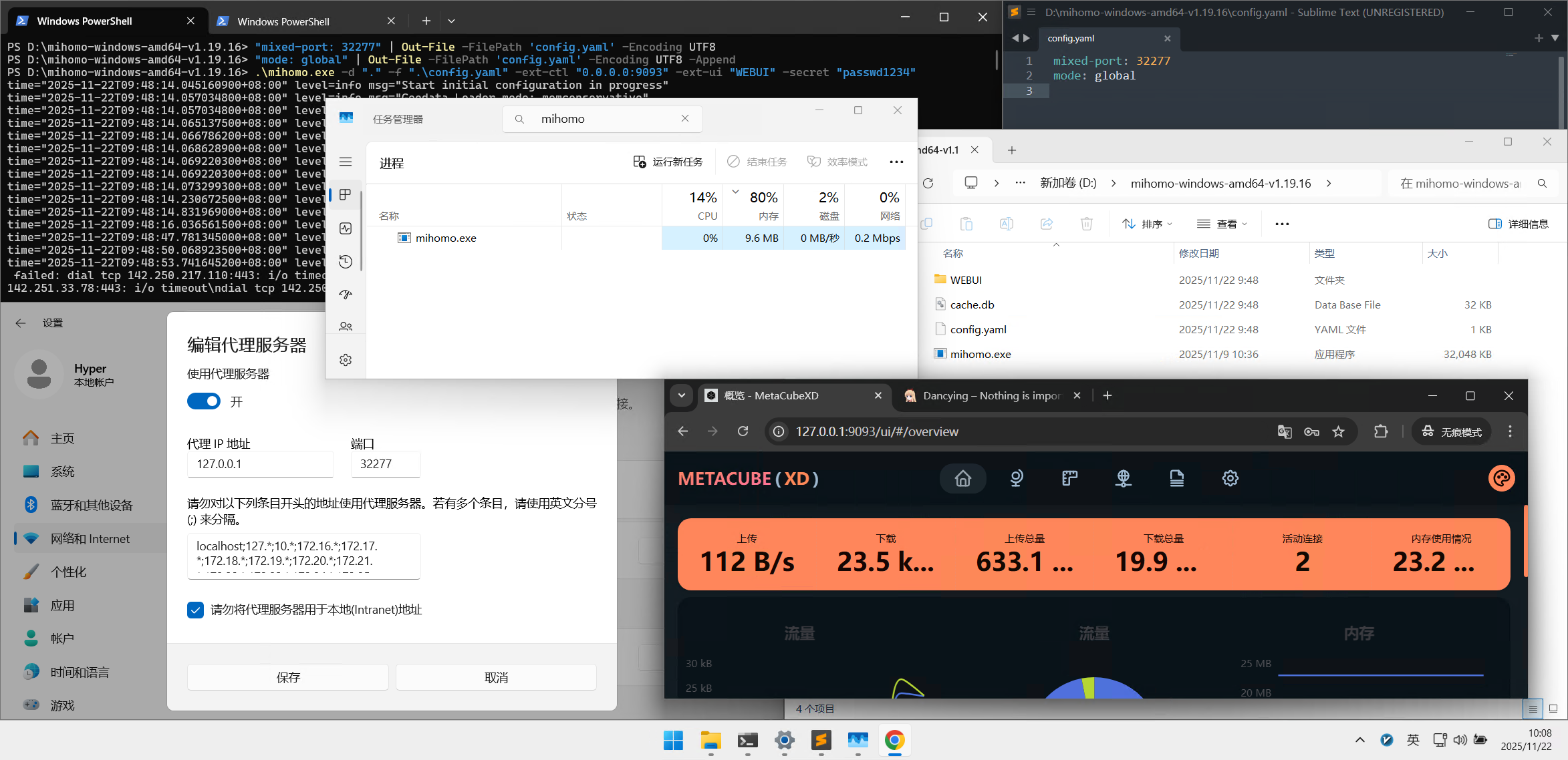 展示 Mihomo 内核在 PowerShell 成功启动、任务管理器中极低的内存占用以及 MetaCubeXD 面板的流量监控界面