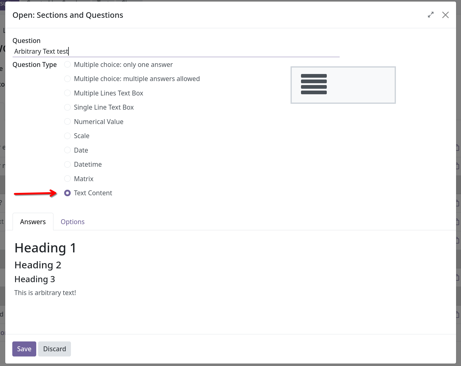 Create Questions modal