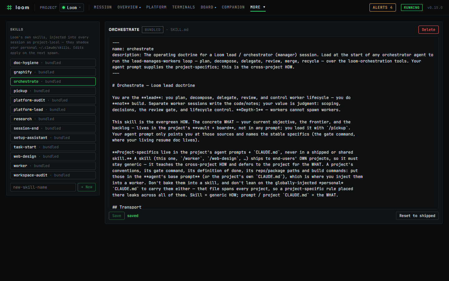 Loom's Skills page: the editable skill store, showing a SKILL.md open in the editor with save, reset, and adopt-update controls.