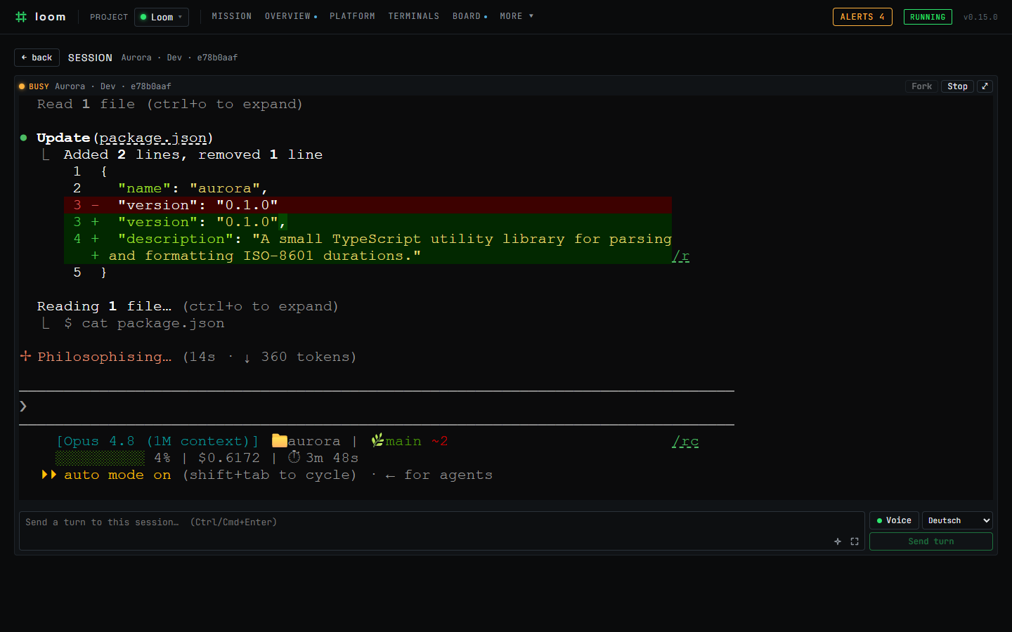 A live Loom session terminal: the real interactive claude running in a daemon-owned PTY, attached over a WebSocket.