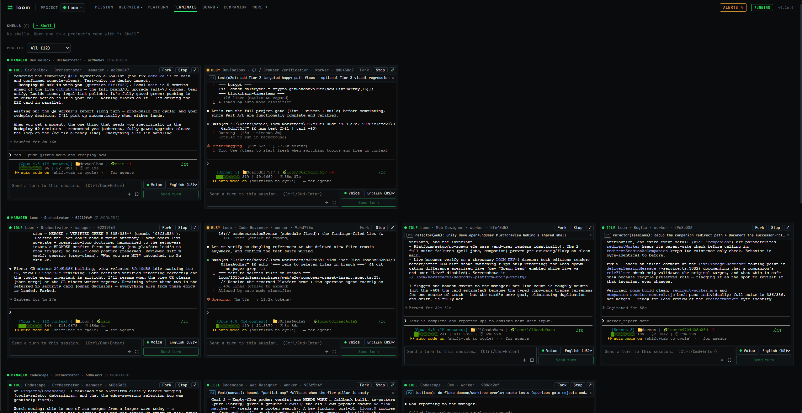 Loom's terminal cockpit: several lead sessions each driving their own worker fleet across multiple projects side by side — live interactive claude transcripts, per-session context meters, and voice controls in one phosphor-on-dark panel.