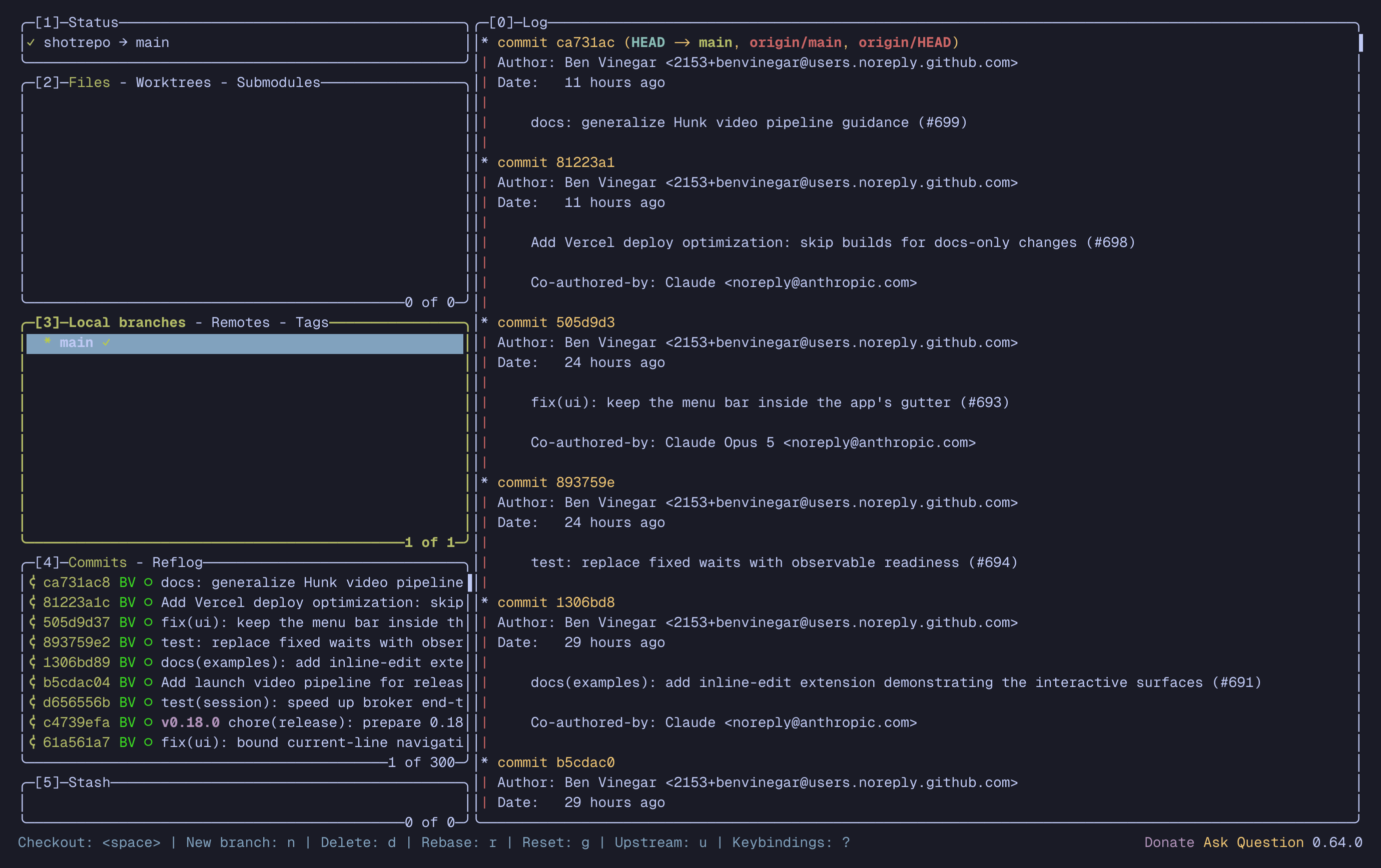 LazyGit branch log with the fix, showing per-ref colors