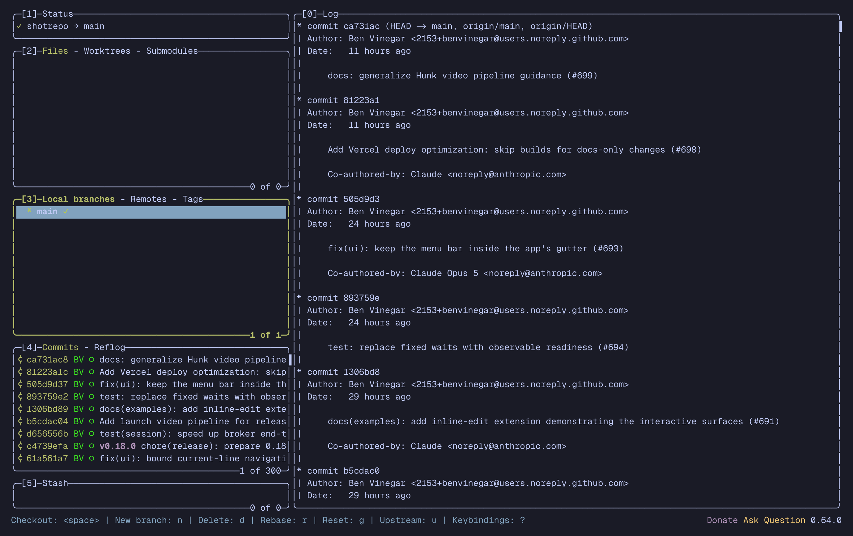 LazyGit branch log with released hunk 0.18.0, rendered in a single color