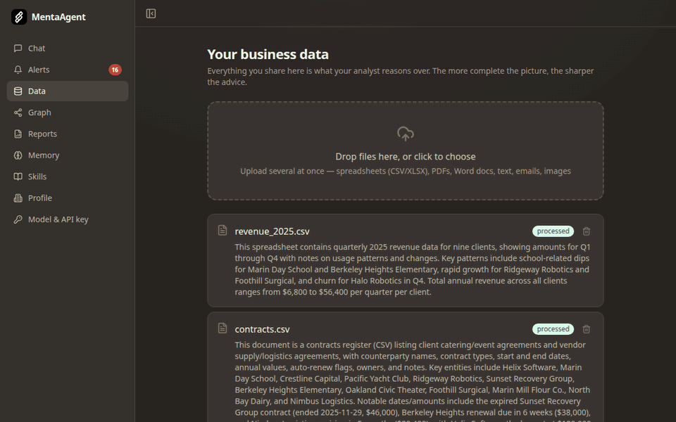 Upload an inventory spreadsheet, ask what to reorder this week, get an answer that names its source
