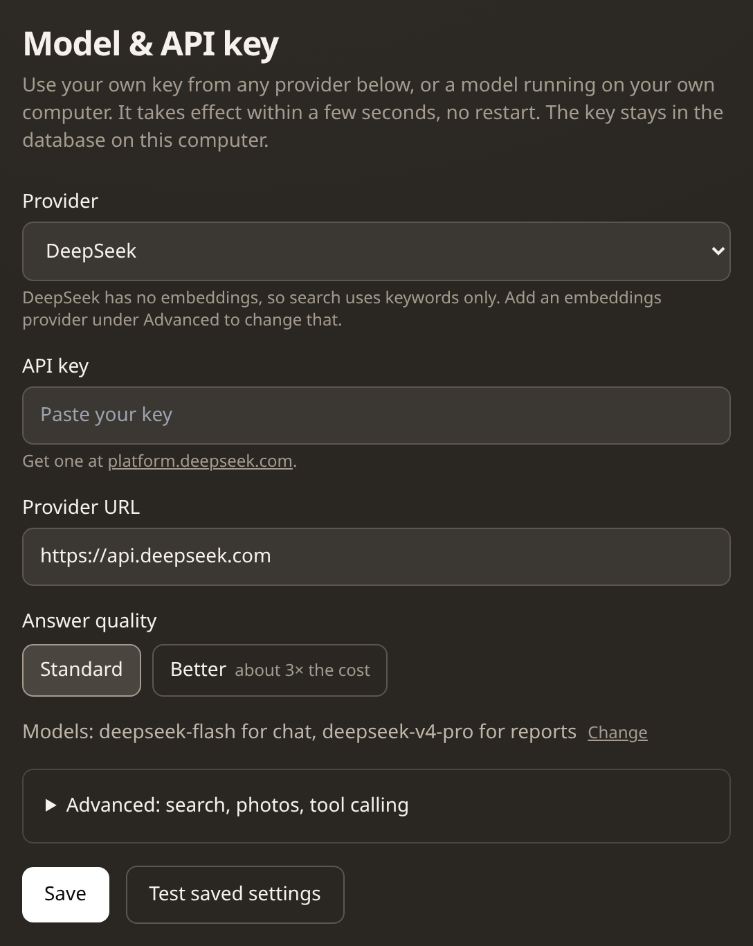 The Model & API key page, with DeepSeek selected