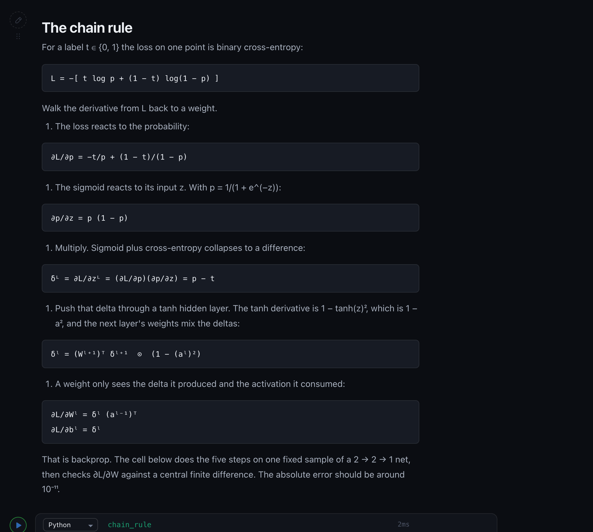 A notebook section: the chain rule written out step by step in markdown, a Python cell that does the five steps on one sample, and the resulting table checking the analytic gradient against a finite difference