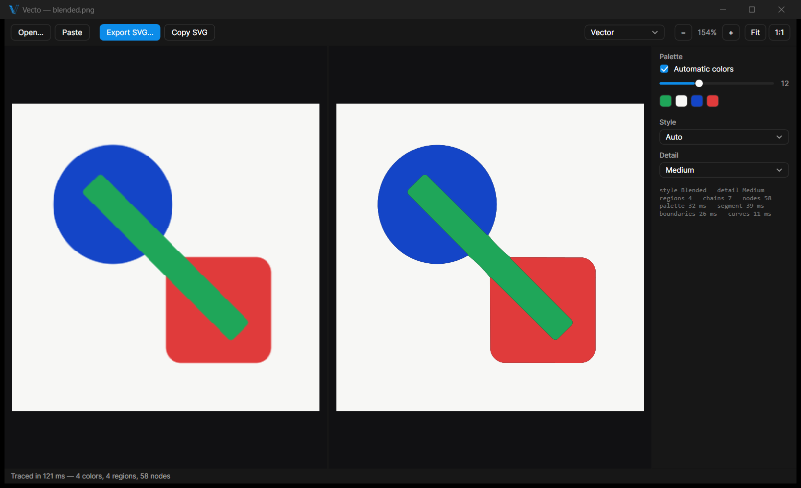 Vecto application screenshot, showing a side-by-side comparison of a bitmap image and its traced vector counterpart, with a dark UI