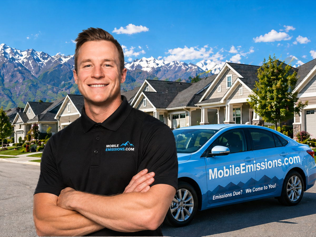 Mobile emissions technician in front of MobileEmissions.com car — on the spot renewal Utah