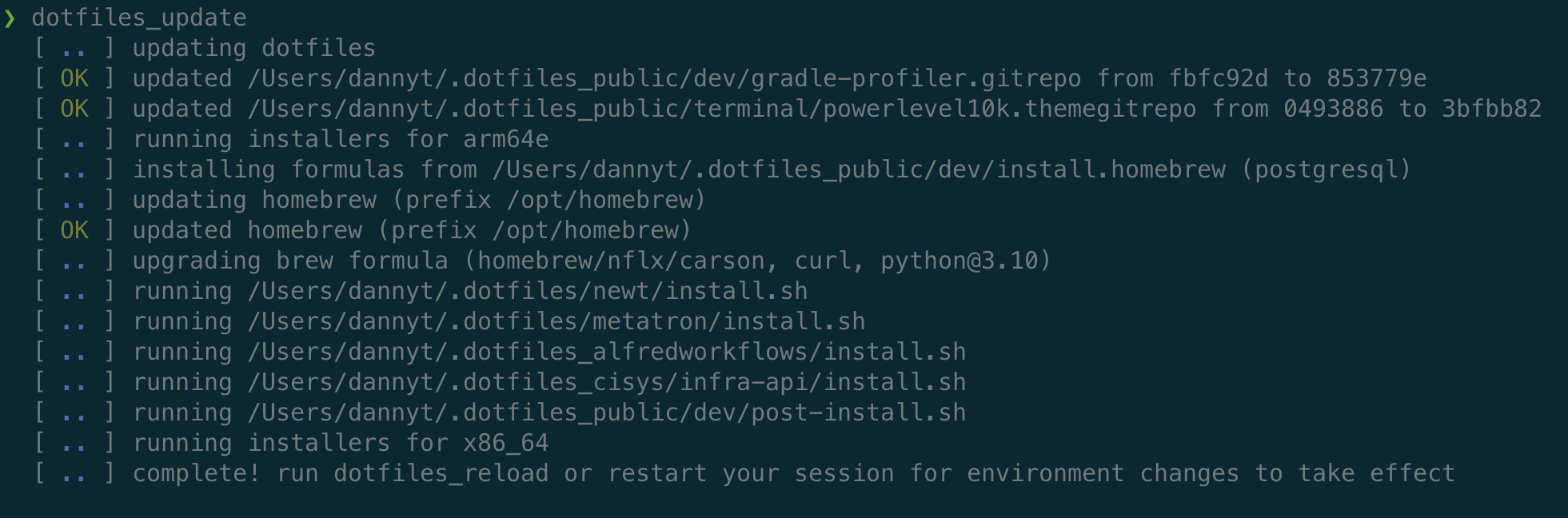 A screenshot of the oh-your-dotfiles update process output