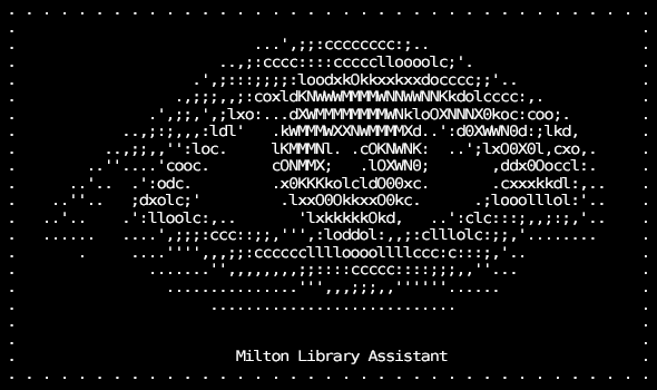 ASCII art of blinking eye with caption Milton Library Assistant