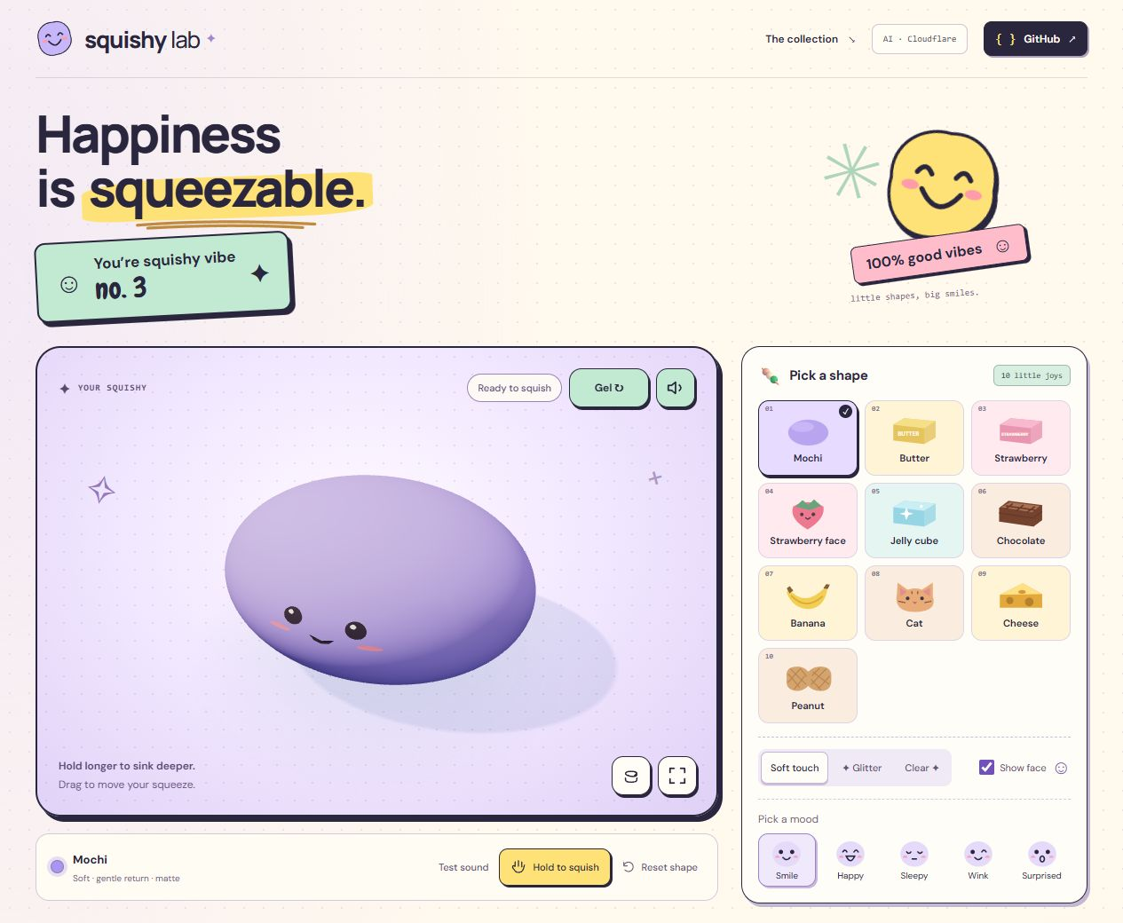 Squishy Lab desktop playground with customization controls